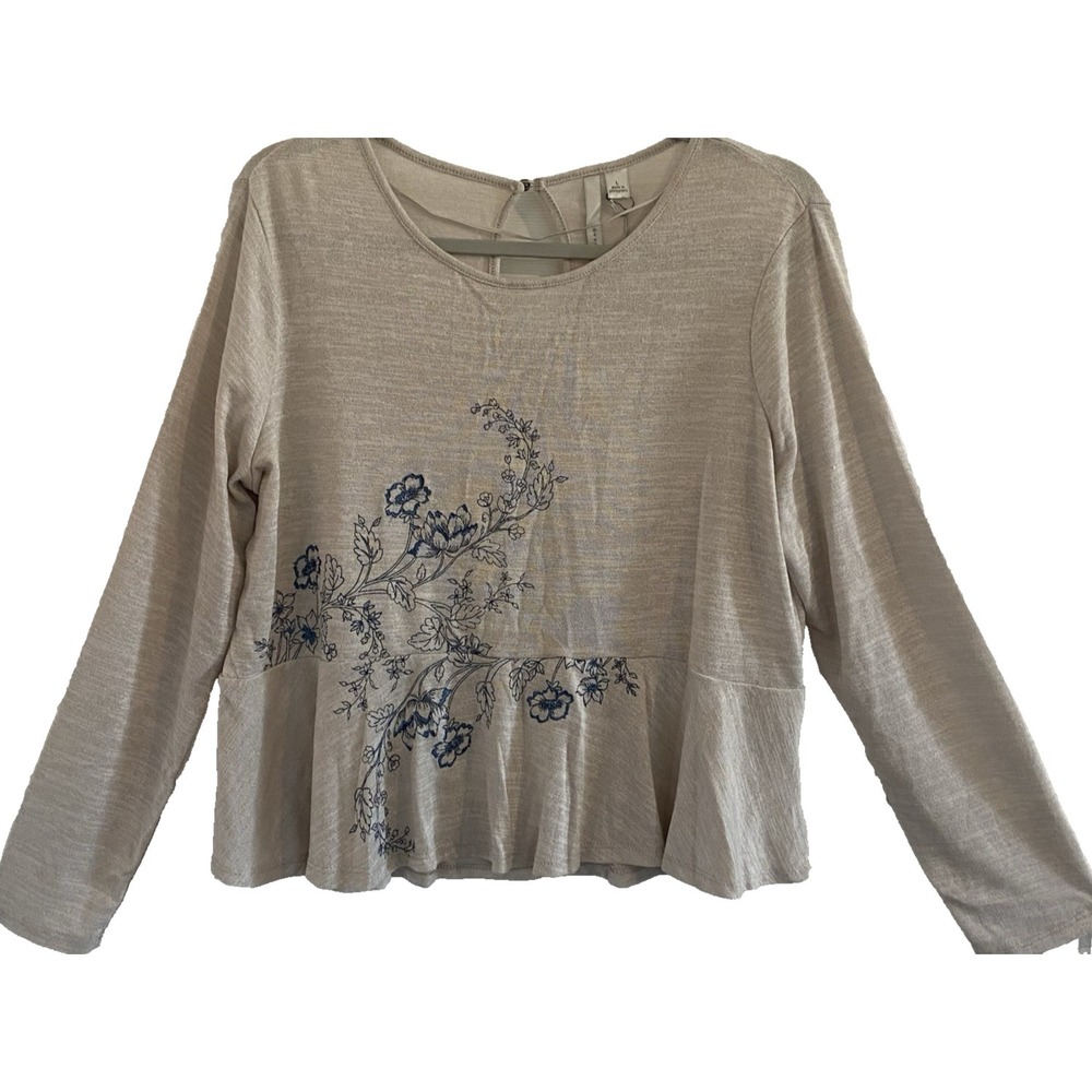 New Lauren Conrad Womens Top L Long Sleeve Knit Embroidery Beige Peplum